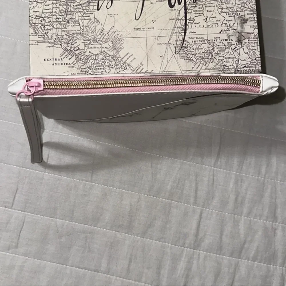 IPSY Pink Rose Gold Metallic White Gray Marble Faux Leather Makeup Cosmetic Bag